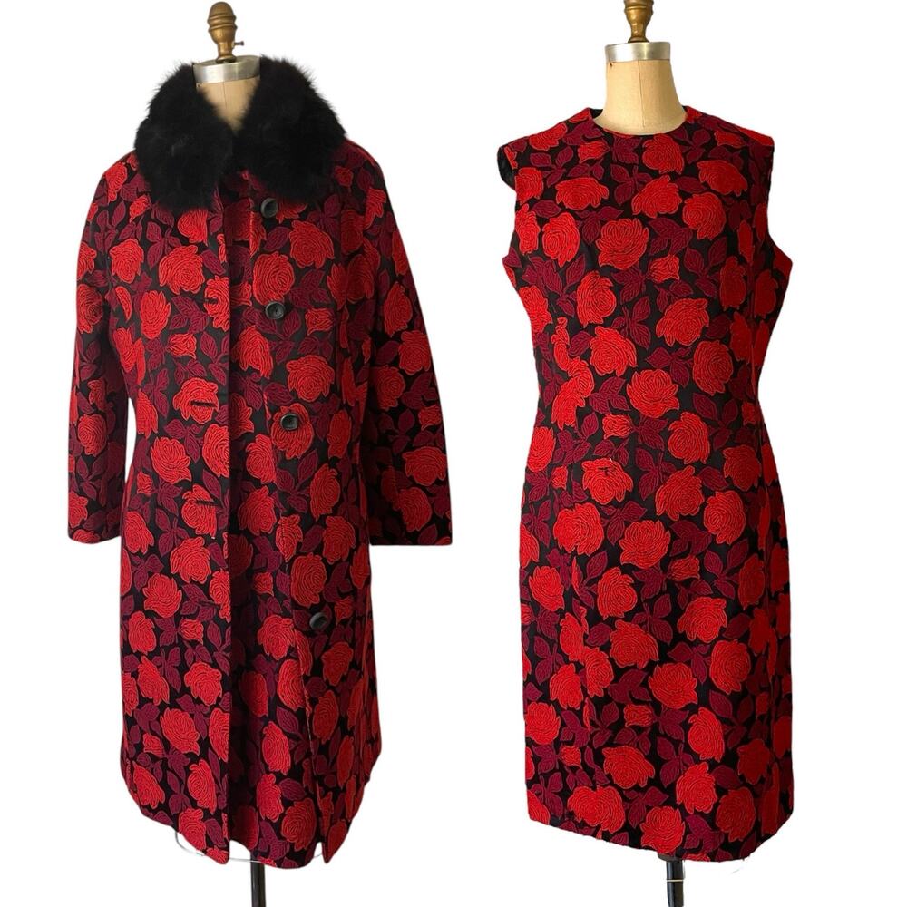1960s Elissa of California Floral Tapestry Coat & Dress Set Large